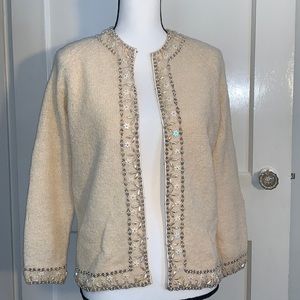 Cyn Les Vintage Beaded Cardigan Made in British Hong Kong 95% Wool & Nylon Large